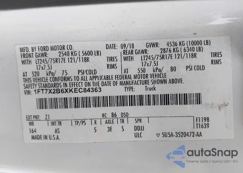 2019 Ford F-250 Xl z USA, uszkodzony, nr VIN 1FT7X2B6XKEC84363